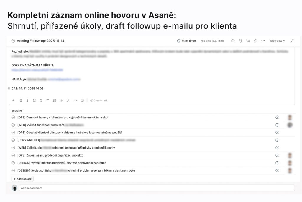 Call Flow: Shrnutí schůzek s tasky v Asaně